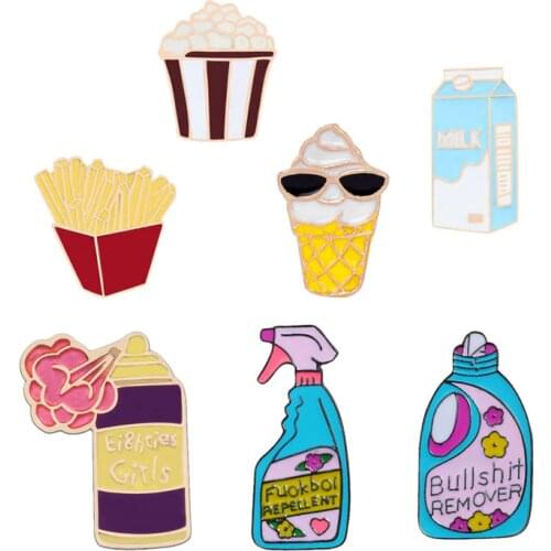 Brooches For Women Creative Fun Pink Blue Insect Repellent Makeup Remover Spray Enamel Pins French fries ice cream Badge Jewelry
