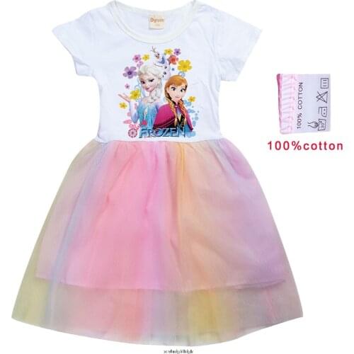 Frozen Clothing Girls Dresses Kids Summer Cotton Tops Elsa Anna Figures Party Mesh Skirt Lace Dress For Children 2 to 10Yrs