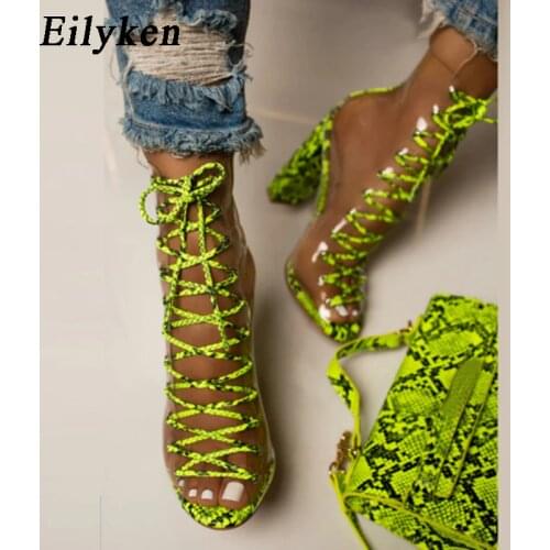 Eilyken Sexy PVC Transparent Green serpentine Ankle Strap Boots Sandals Peep Toe Shoes Chunky heels Sandals Mujer Women Boots