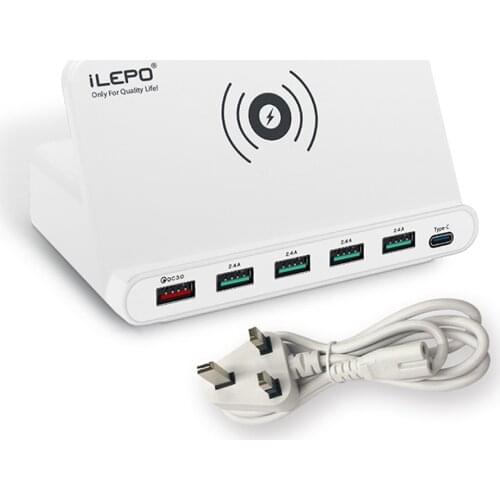 ILEPO 60W 6 Ports QC3.0 Fast Charger QI Wireless Charger PD 18W Usb C Charger For iPhone 11 pro max Samsung Xiaomi With Cable