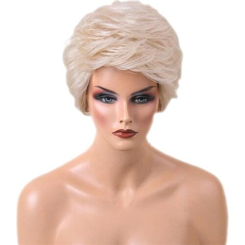 Short Layered Women 100% Human Hair Wigs +Cap Heat Resistant Blonde