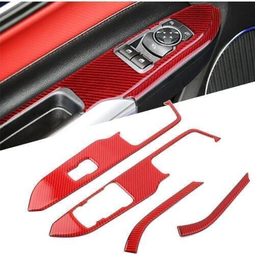 Red Carbon Fiber Style Car Window Switch Lock Cover Trim ABS 4Pcs for Ford Mustang 2015 2016 2017 2018 2019 RHD Only