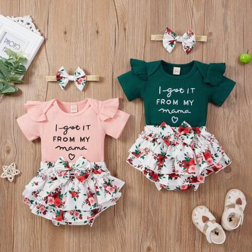 Citgeett Summer Infant Baby Girls Outfits Short Sleeve Knit Letter Romper + Floral Shorts + Headband Clothes Set