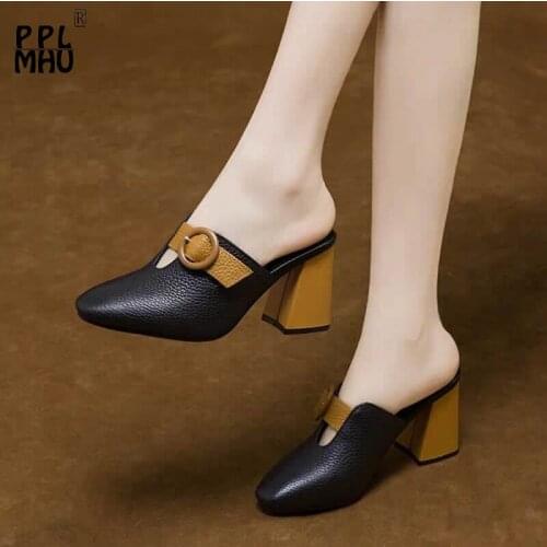 Black PU Leather Sexy Square Heel Mules 2021Fashion Pointed Non-Slip Slides Designer Summer Shallow Slippers Office Women Shoes