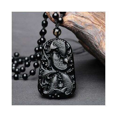 Natural Black Obsidian 3D Carved Chain Happy Four Fish Pendant Lucky Amulet Necklace Pendants For Women Men Fashion Jewelry