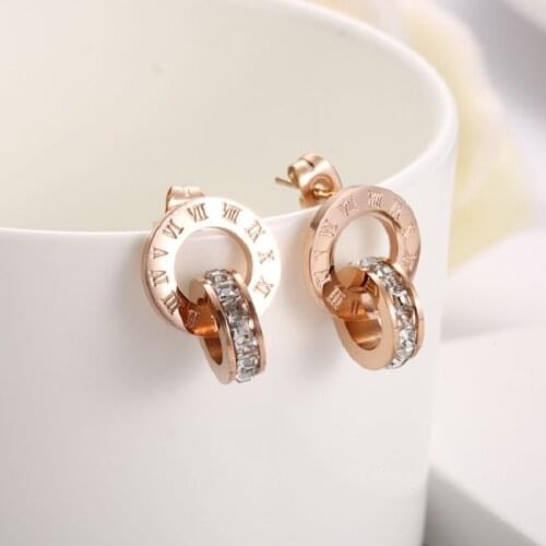 2019 New bright cubic Zirconia Roman numerals double circle stud earrings titanium steel Rose gold engagement wedding earrings