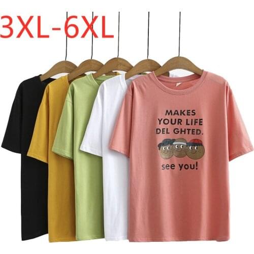 New 2021 Ladies Summer Plus Size Tops For Women Large Short Sleeve Loose Cotton White Pink Print O-neck T-Shirt 3XL 4XL 5XL 6XL