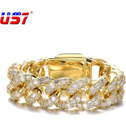 US7 New Design 21mm Cuban Link Bracelet Set Gold Plated Baguettes Setting Copper Necklace for Men&Women Trendy Hip Hop Jewelry