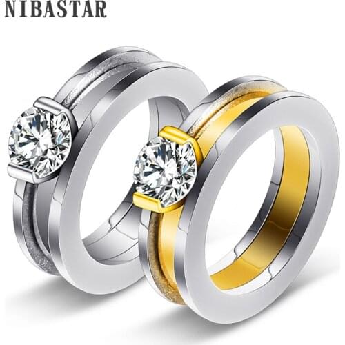 Gold-Color Stainless Steel Wedding Rings Made With Austrian Crystal Stellux Cubic Zirconia