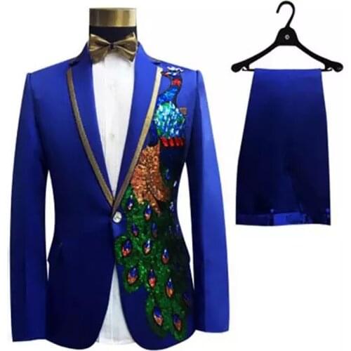 Jacket+pants+bow tie) male suit set blazer crystals white stones performance formal dress red black prom groom party dress
