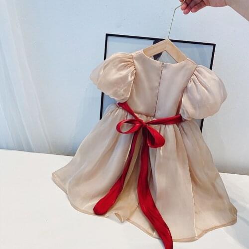 Girls puff sleeve dress 2021 summer new childrens streamer princess pearl fluffy dresses birthday casual toddler clothing