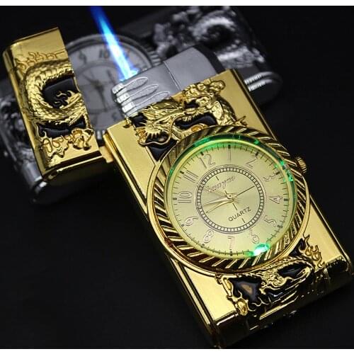 Luxurious Gold Watch Jet Torch Lighter Turbo Gas Windproof Lighter Cigar Cigarette Metal LED Lighter Inflated Gasoline Butane