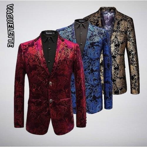 Luxury Velvet Blazer Men Paisley Floral Jackets Coat Red/Gold/Blue Blazer For Men Elegant Wedding Mens Blazer Stage Wear M-6XL