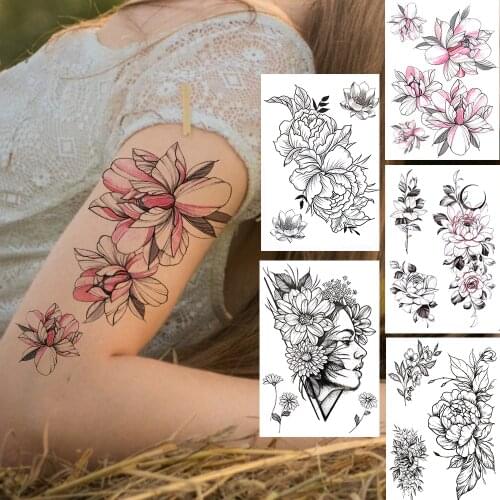 Pink Lotus Flower Temporary Tattoos For Women Girls Realistic Geometry Sexy Peony Tatoo Sticker Fake Self Adhesive Tatoos Arms
