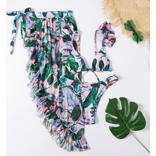 Leaf Print 3 Piece Bikini Set Women with Cover Up Skirt Swimwear Ruffled Swimsuit Female Bathing Suit String Biquinis Beachwear