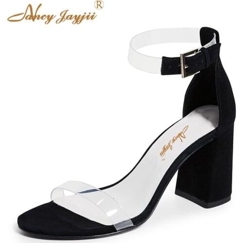 Black PVC Ankle-Warp 2019 Summer Ladies Sandals Buckle Strap Solid Sweet Square Heel Work Party Shoes Woman Fashion