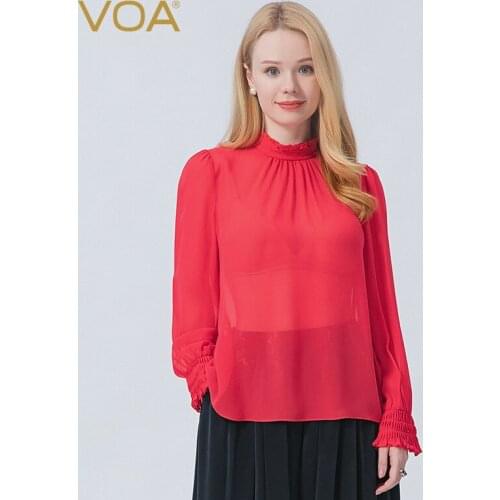 VOA Silk Georgette Is Red Tops Wood Ear Collar with A Button Lantern Sleeve Fold Simple Sweet Solid Color T-shirt Female BE725