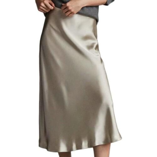 2020 New Hot Women Luxury Mid-calf Long Soft Smooth Silk Satin Skirts Office Lady Hight Waist Glossy Silver Black Party Skirt