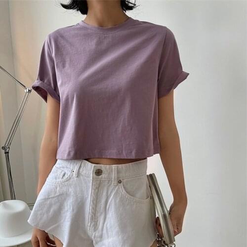 2021 New Summer Fashion Female T-shirt High Quality Loose Casual Women Tee Round Neck Solid Color Elegant Ladies Tops T225