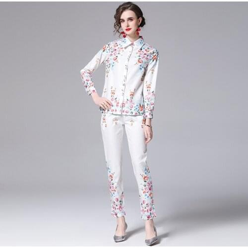 New Runway Designer Suit Womens Autumn Long Sleeve Single-Breasted Flower Print Shirt + Hight Waist Pencil Pants 2 Piece Set