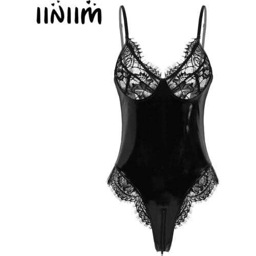 Women Hot One-Piece PVC Leather Lingerie Sissy Latex Catsuit Sexy Body Sheer Lace Cups Open Crotch Thong Teddy Bodysuit Clubwear