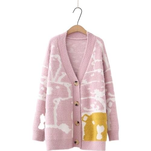 Cartoon Bear Jacquard Harakuju Knit Women Long Cardigan 2021 Winter Warm Coat Girly Sweety Basic Chic Single Breasted Knitwear