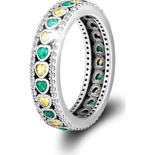 Fandola CKK 925 Sterling Silver Colorful Hearts Ring ,Yellow & Green Enamel Fits for Jewelry Wedding Party Rings Women Gift