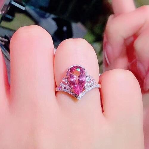 BLACK ANGEL 2020 New Water Drop Shaped Pink Tourmaline Gemstone Adjustable Ring For Women Fashion Jewelry Christmas Gift