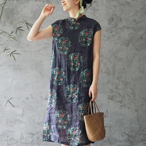 Women Chinese Style Retro Print Stand Button Cotton Linen Dress 2021 Summer New Simple Comfortable Women Fashion Dress MT94