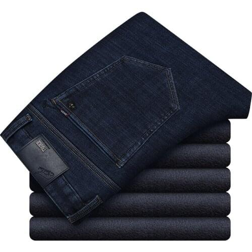 Winter Mens Fleece Baggy Jeans Business Straight Thick Warm Denim Pants Stretch Black Blue Trousers Male Clothing Vintage Jeans