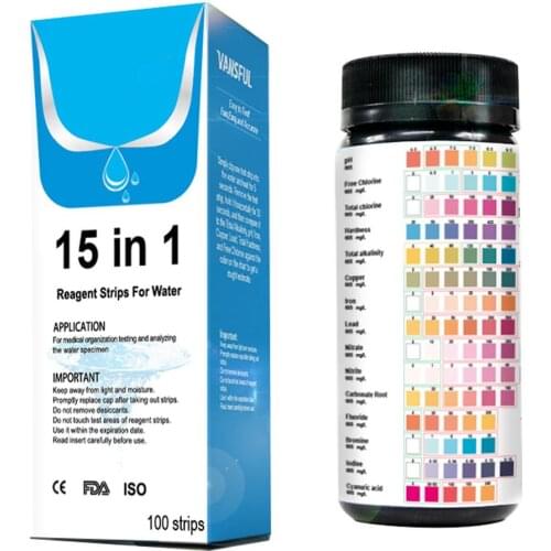 100PCS Swimming Pool PH Test Paper 15 IN 1 Residual Chlorine PH Value Alkalinity Hardness Test Strip PH Tester Pool Test Strips