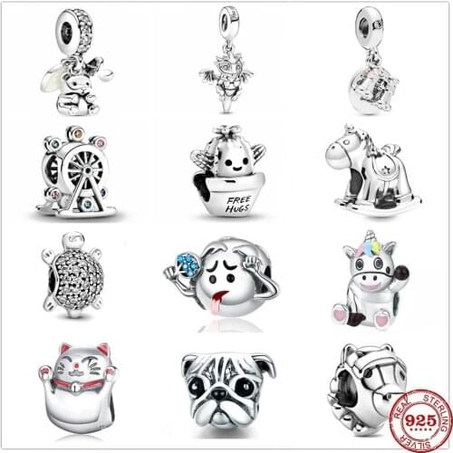 925 sterling silver dream unicorn lucky cat dog pendant DIY beads suitable for original pandora Charm bracelet female jewelry