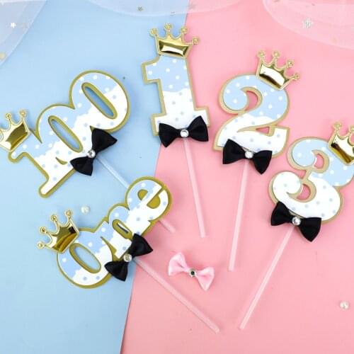 Number Crown Bow Tie Diamond New Born Baby Cake Topper 1st 2st 3st 100 Days Happy Birthday Cake Topper Kid Gifts Party Supplies