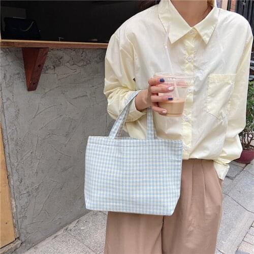 Korea Plaid Portable Lunch Bag Small Tote Bags Women Children Lunch Pouch Picnic Food Storage Bag Female Simple Shopping Handbag