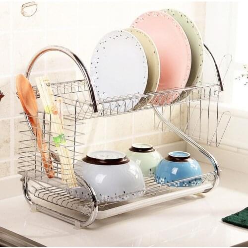 Metal Dish Drainer Kitchen Plates Drying Rack Holder Iron Cup Bowl Tableware Shelf Basket 2-layer Large Capacity Dish Rack 2021