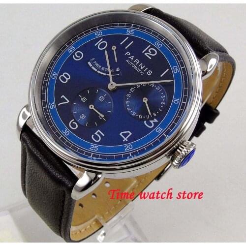 42mm Parnis polished automatic watch men Date Power reserve display waterproof luminous blue dial waterproof