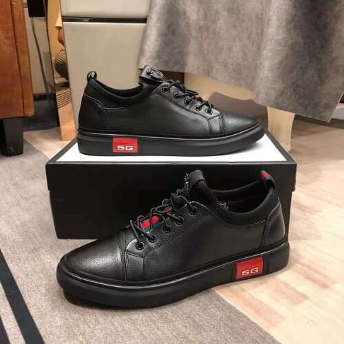 Mens New Fashion Korean Daily Casual Shoes Genuine Leather All-Match Black Tide Shoes Wear-Resisting Anti-slip Flat Shoes