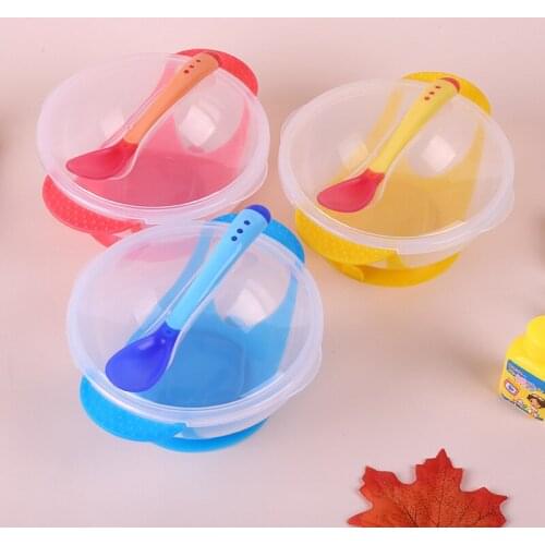 New baby transparent suction cup bowl with temperature spoon baby training bowl set spoon temperature change color