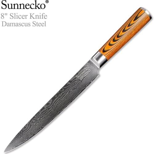 SUNNECKO Damascus 8" Slicer Kitchen Knife Sharp Japanese VG10 Steel Blade Knives Color Wood Handle Slicing Meat Cutter