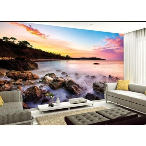 Wallpaper 3d stereoscopic Beautiful seascape sunset beach stones Home Decoration Non woven roll 3d wallpaper mural