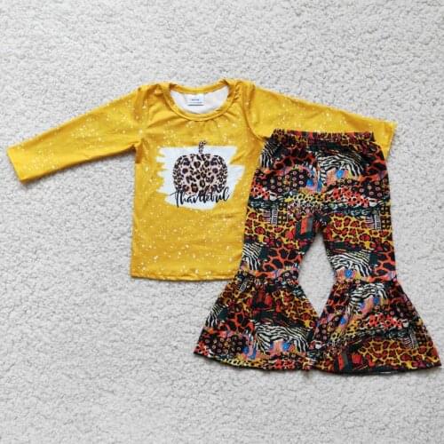 RTS Baby girls fall pumpkin leopard long sleeve bleached tee shirt top bell bottom pants kids boutique outfits clothing sets