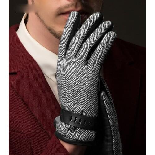 Real Leather Gloves Male Wool Cloth + Sheepskin Patchwork British Style Mans Leather Gloves For Driving NM780