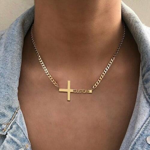 Handmade Personalized Name Necklace Cross Pendant Gold Color Cuban Chain Customized Nameplate Necklaces for Women Men Gifts