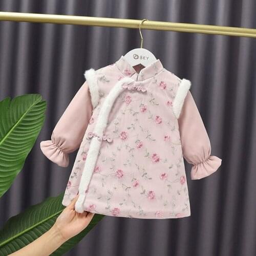 Kids New Years Dress Winter New Baby Girls Cheongsam Dress Fashion Chinese Style Print Plus Velvet Pink Dress for Girl 2 3 4 5 Y