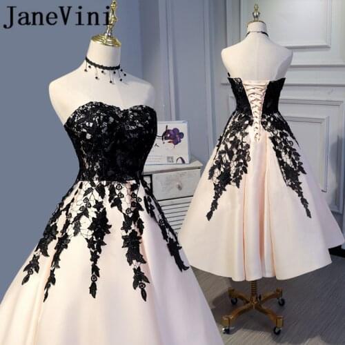 JaneVini Simple Mother of the Bride Dresses A Line Strapless Black Lace Appliques Tea-Length Wedding Party Formal Evening Dress