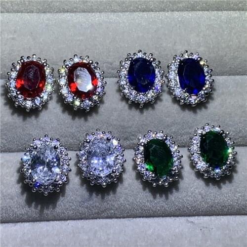 Real 925 Sterling silver Princess Diana Stud earring Oval AAAAA cz Stone Party Wedding Stud Earrings for women jewelry