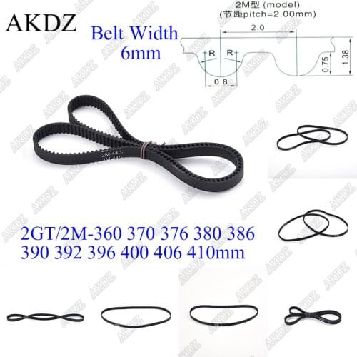 2MGT 2M 2GT Synchronous Timing belt Pitch length 360 370 376 380 386 390 392 396 400 406 410 width 6mm Rubber closed