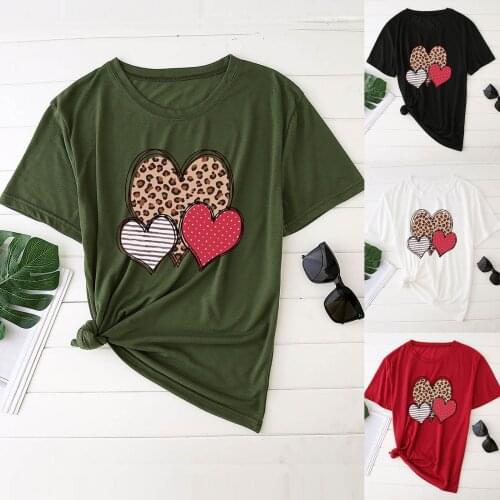 S-5XL Sweet Unisex Valentines Day Plus Size Women Short Sleeve Leopard Heart Printed O-Neck Tops Spring Autumn Tee T-Shirt