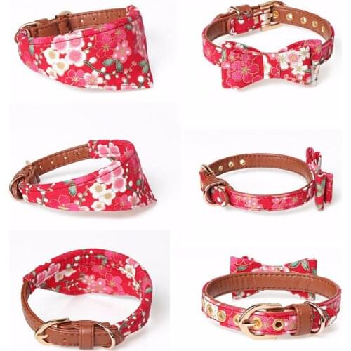Neck Strap Bandana Collars Pets Dog Cats Collar Flower Print Bowknot Adjustable Leads Leashes Leather
