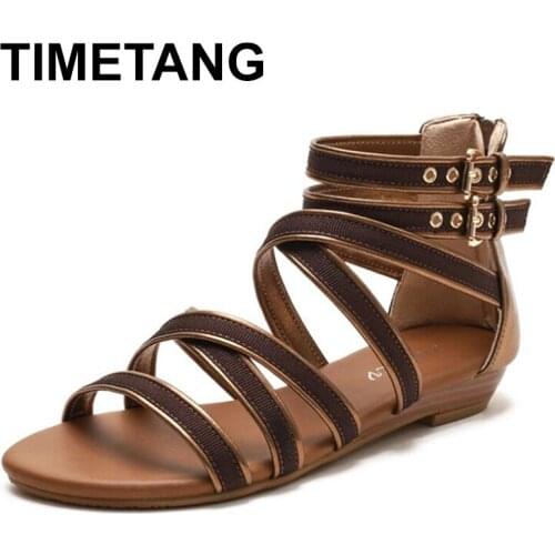 TIMETANG Summer New Women Sandals Flat Shoes Solid Comfortable Female Shoes Cross Strap Casual Rome Beach Shoes Plus Size 36-42